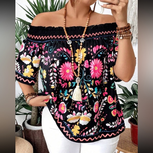 Plus size boho floral print off shoulder  blouse - Picture 5 of 6